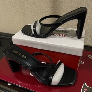 Black Square-Toe Strappy Heel Sandals